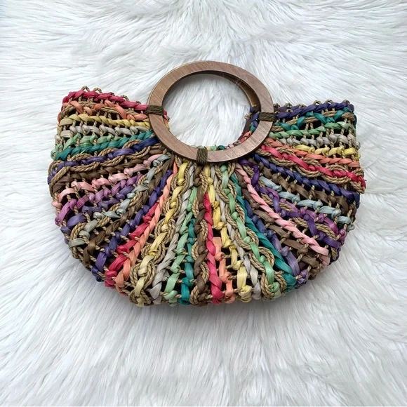 Vintage T. Cappelli Colorful Boho Straw Woven Bag Round Wooden Handle - Picture 2 of 10